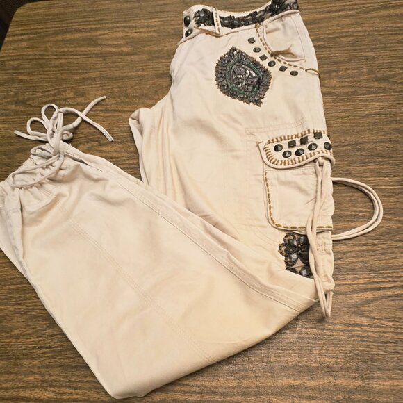 SPICE & ROSES Women's Beaded Drawstring 100% Cotton Cargo Pants - Beige - 12/14 - Picture 14 of 15